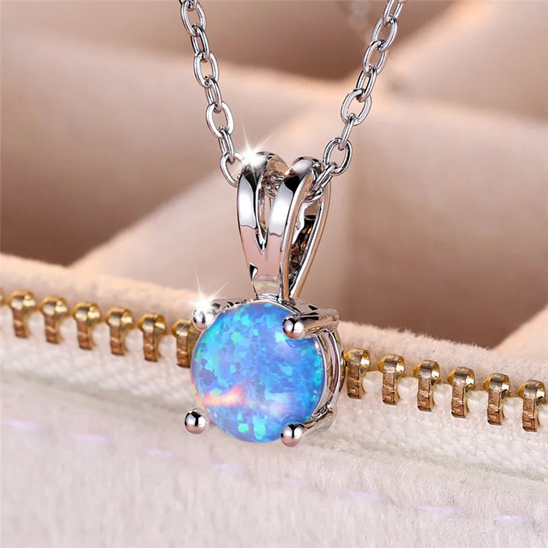 Cute Female Small Round Fire Opal Stone Pendant Necklace Vintage Silver Color Wedding Jewelry Gift For Women - Image 3