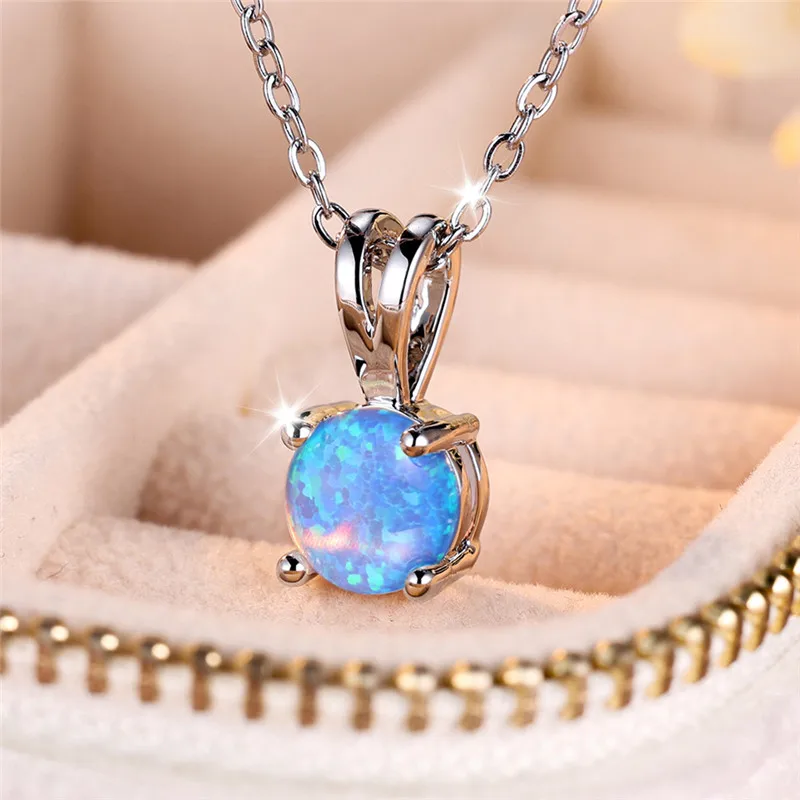 Cute Female Small Round Fire Opal Stone Pendant Necklace Vintage Silver Color Wedding Jewelry Gift For Women - Image 4