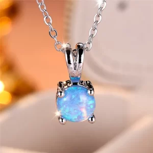 Cute Female Small Round Fire Opal Stone Pendant Necklace Vintage Silver Color Wedding Jewelry Gift For Women