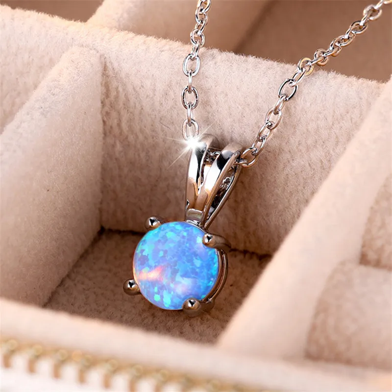 Cute Female Small Round Fire Opal Stone Pendant Necklace Vintage Silver Color Wedding Jewelry Gift For Women - Image 5