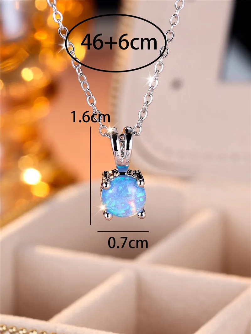 Cute Female Small Round Fire Opal Stone Pendant Necklace Vintage Silver Color Wedding Jewelry Gift For Women - Image 6
