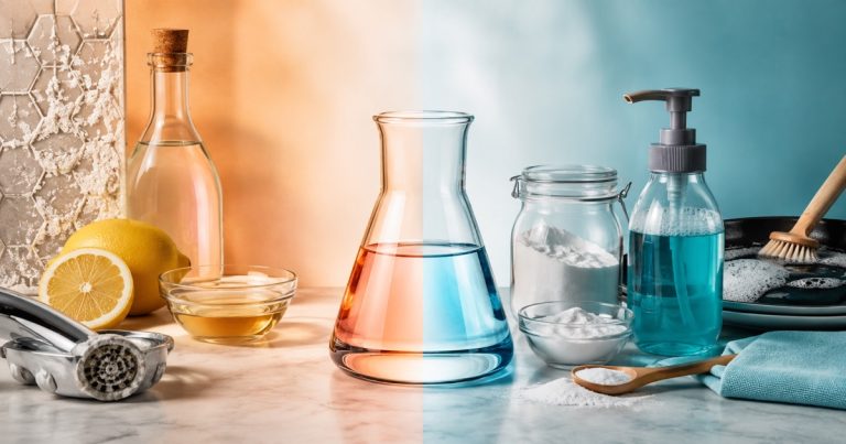 Acidic and alkaline household cleaners shown in a balanced split composition