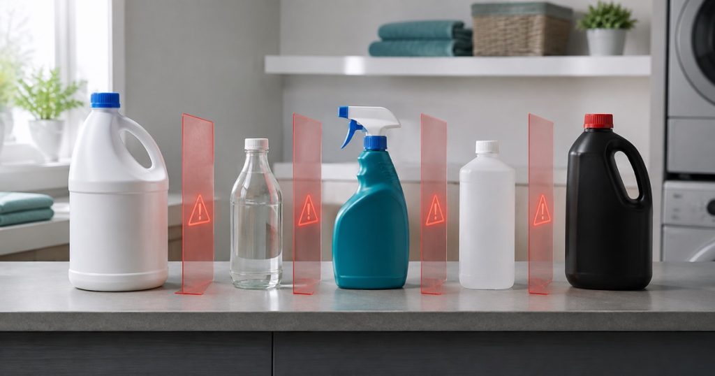 Five household cleaning product containers safely separated by warning barriers