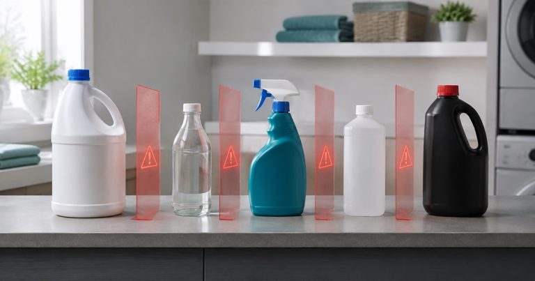 Five household cleaning product containers safely separated by warning barriers