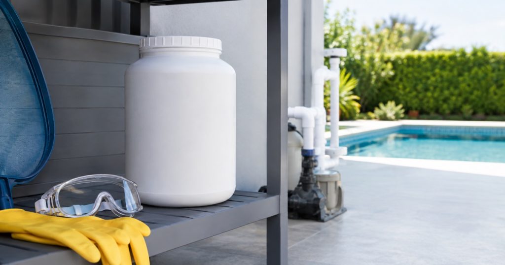 Sealed pool chlorine container stored beside protective gloves and safety goggles