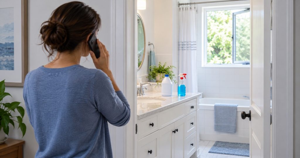 Person calling for help from outside a bathroom after a cleaner incident