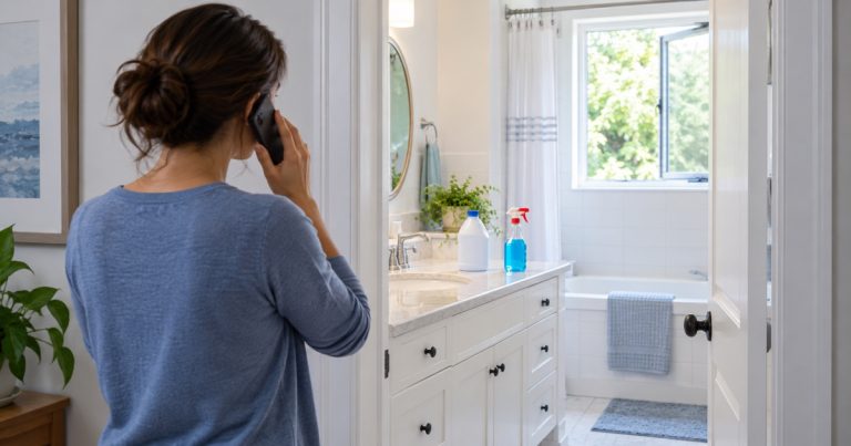 Person calling for help from outside a bathroom after a cleaner incident
