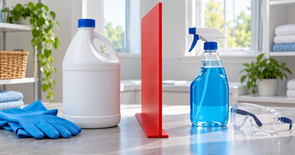 Bleach and ammonia-containing cleaner kept apart by a red safety divider