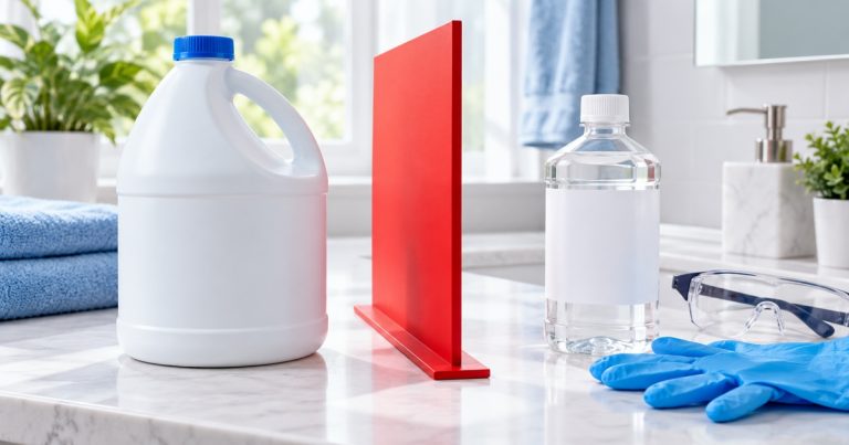 Bleach and rubbing alcohol kept apart by a red safety divider