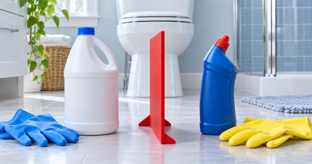 Bleach and toilet bowl cleaner separated in a bright bathroom